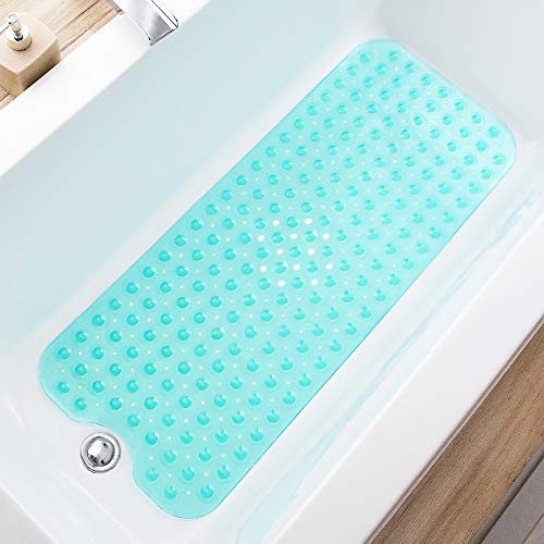 TEESHLY Bathtub Mats for Shower Tub Extra Long Non-Slip Bath Mat, Shower Mat with Drain Holes and Suction Cups, Bath Tub Mat for Bathroom with Machine Washable (Translucen Turquoise)