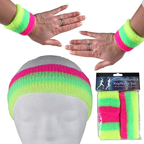 Alsino Stirnband Schweißband Set Damen Herren Sport Elastisch Schweissband Fitness Gestreift Stirn Retro Frottee 80er Jahre Schweißbänder Fasching Karneval (pink -grün -gelb)