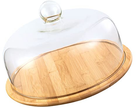 VOSAREA Cake Tray with Glass Dome Stand - Wooden Cake Plate Serving Platter Holder for Birthday Wedding Party (Clear, 29cm)