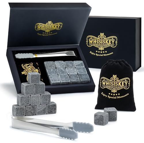 WHISISKEY Whisky Steine Set - 12 Whiskey Steine & Zange - Geschenke für Männer - Männergeschenke - Geburtstagsgeschenk Mann - Geschenkbox - Whisky Zubehör - Eiswürfel Wiederverwendbar