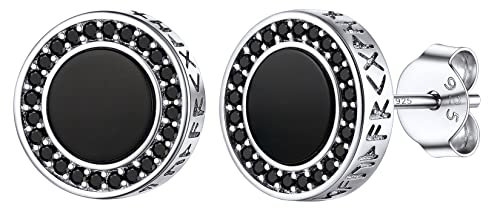 Boucles d'Oreilles Viking Strass Argent 925 Noir Clou d Oreille Rond Runes Runiques Homme Asymétrique Zirconium Agate Femme Garcon Talisman Amulette de Protection Cadeau Noël Copain Anniversaire