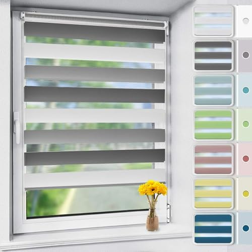 OUBO Doppelrollo Klemmfix ohne Bohren Weiß-grau-anthrazit B95 x H150cm (Stoffbreite: 91cm), Duo Rollo für Fenster und Tür, Fensterrollo Sonnenschutz & Sichtschutz