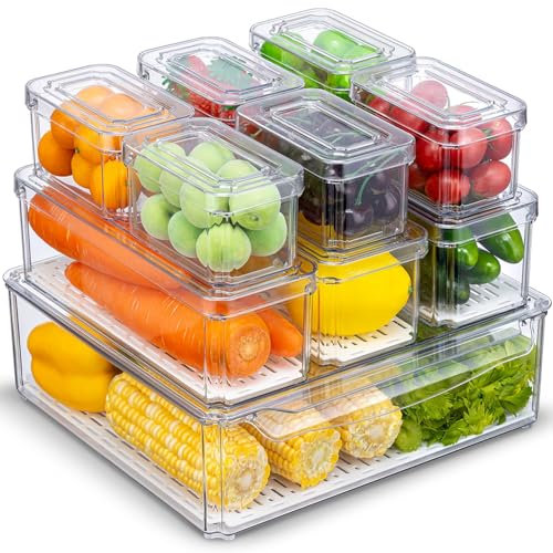 KUMD Lot de 10 rangement frigo, boîte de rangement empilable avec couvercles, rangement et organisation de cuisine transparents, conteneurs de stockage de fruits et légumes for boite rangement frigo