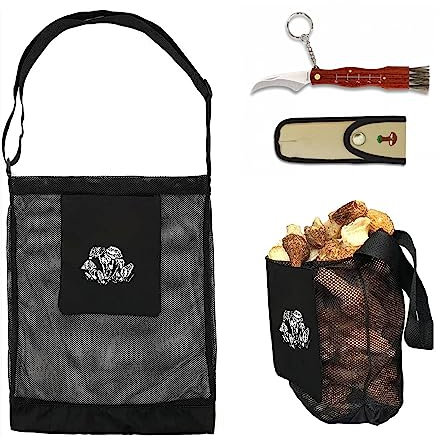 Pack Bag and Knife for Collecting Mushrooms and Fruit – Bag with Mesh Releases Spores, Measures 42 x 36 cm – 21 x 17 Folded – Knife with Case, Measures 17 cm Blade of 5.8 cm Wooden Handle
