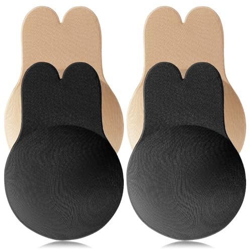 COMNICO Sticky Bra 2 Pair Adhesive Bra Breast Lift Tape Sticky Invisible Silicone Strapless Bras Removable Push Up Sticky Boobs for Women Lift up Cups Dresses (L/XL, Skin Color/Black)