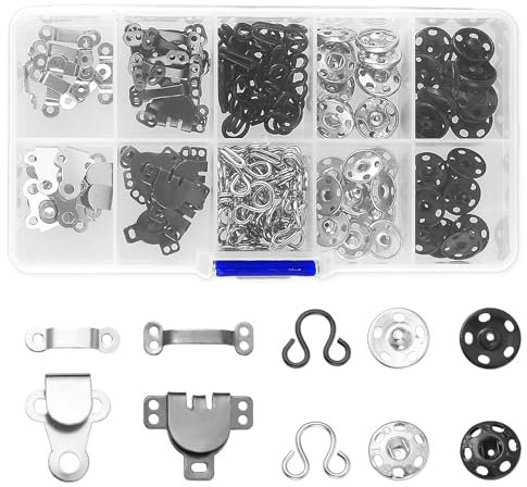 Telooco 100 Stück Haken Verschluss Druckknöpfe Haken und Ösen zum Annähen Set Näh Druckknöpfe Nähklammern für Mäntel BHs Röcke Stoff DIY Bastelzubehör (3 Stile, Schwarz Silber)