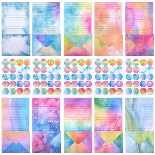 Swpeet Colored 200Pcs 10 Entwürfe Aquarell Briefpapier Set, einschließlich 50pcs Aquarell gefüttertes Briefpapier, 50pcs Umschläge und 100 Aufkleber zum Schreiben von Gedichten Lyrics Einladungen