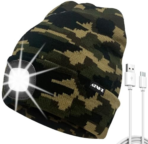 ATNKE LED Mütze mit Licht, USB Typ C Wiederaufladbare 4 LED Beleuchtete Laufmütze Extrem Heller Lampe Winter Warme Stricken Mütze für Herren und Damen Geschenke/Camouflage Green