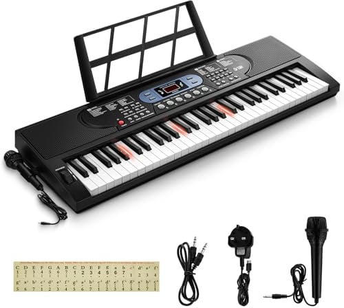 INMOZATA Teclado electrónico de piano de 61 teclas, teclado musical para principiantes, teclado iluminado con micrófono, calcomanía de notas de piano, color negro