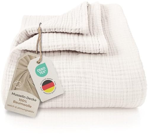 LAYNENBURG Premium Musselin Tagesdecke 220x240 cm XXL - 100% Baumwolle - extraweiche Baumwolldecke als Kuscheldecke, Bett-Überwurf, Sofa-Überwurf, Couch-Überwurf - warme Sofa-Decke (Creme)