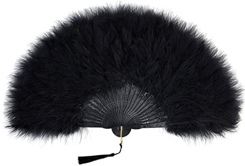 Coucoland 1920s Marabou Feather Fan Flapper Folding Hand Fans Feather Fan Handheld for 20s Vintage Gatsby Party BlcakR
