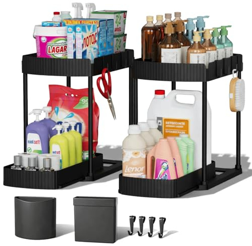 HOUSMETICS Under Sink Organizer 2 Pack, 2 Tier Pull Out Storage Drawers, Sliding Cabinet Shelves for Kitchen & Bathroom, Space Saving Under Sink Storage Unit, Black