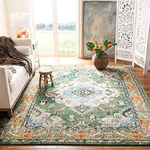 SAFAVIEH Boho Teppich für Wohnzimmer, Esszimmer, Schlafzimmer - Monaco Collection, Kurzer Flor, Waldgrün und Hellblau, 201 X 279 cm
