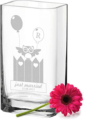 Glasvase für Blumen und Tulpen mit Gravur - Leonardo Vase aus Glas Personalisiert - Geschenk für Hochzeit und Standesamt - Hochzeitsgeschenk für Brautpaar - Motiv Eule mit Luftballons