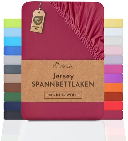 NatureMark Jersey Spannbettlaken, Spannbetttuch 100% Baumwolle in vielen Größen und Farben MARKENQUALITÄT ÖKOTEX Standard 100 | 180 x 200 cm - 200 x 200 cm - Bordeaux rot