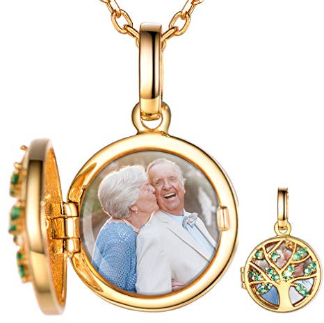 Custom4U S925 Silber Foto Medaillon zum Öffnen Anhänger Halskette Gravierbare Lebensbaum Anhänger mit Bildgravur mit Eingravierten Namen in Gold mit 41cm Kette für Damen Frauen Mädchen