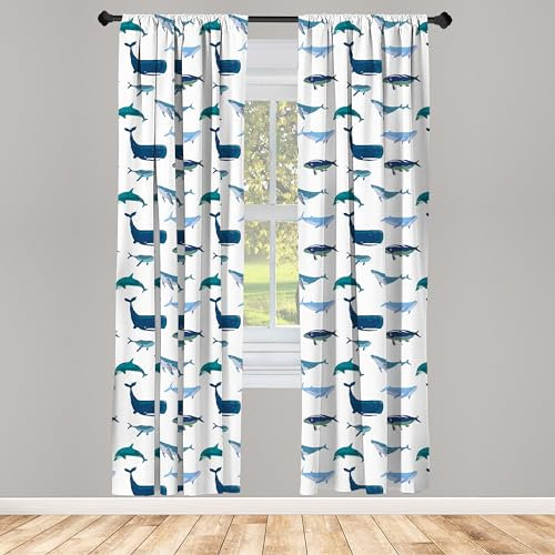 ABAKUHAUS Wal Vorhänge, Gardinen, Schwimmen Meerestiere, Fensterbehandlungen für Wohnzimmer Schlafzimmer Dekor, 2 Stück 75 cm b x 175 cm h, Teal Dunkelblau Weiß