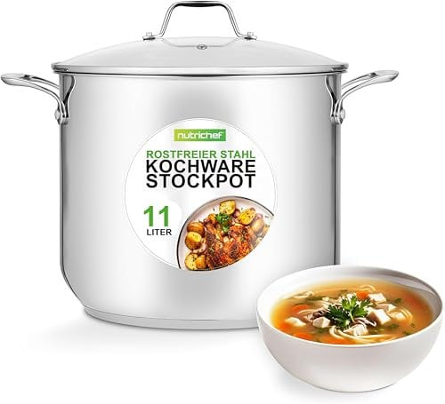 NutriChef Large Stainless Steel Stock Pot with Lid - Big Soup Pot, Heavy Cooking Pot with Glass Lid - Stew Pot, Cookware Induction Pot, Mirror Finish Stockpot, Deep Casserole Pot, 12-Qt/11.3 Litre