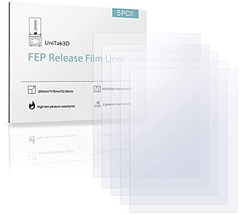 UniTak3D FEP Film MONO X,5 Stück 260*180mm FEP Folie Compatible with Anycubic Photon Mono X 4K,6K,Photon M3 Plus,für Saturn,für NOVA3D Whale 2,für Crealit3D LD-006 8,9inch UV DLP LCD-Harz-3D-Drucker