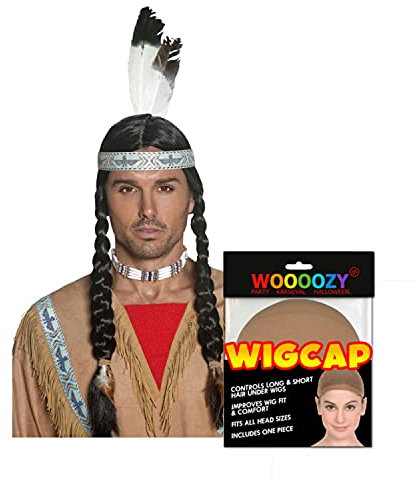 PAPSTAR NEU Perücke Herren Indianer mit Stirnband und Zwei gefochtenen Zöpfen, Sioux, schwarz - mit Haarnetz