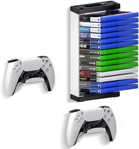 Video Game Case Storage and Controller Holder Wall Mount Kit, Compatible with PS3, PS4, PS5, Xbox One, Xbox Series X/S Game Discs and Gamepad