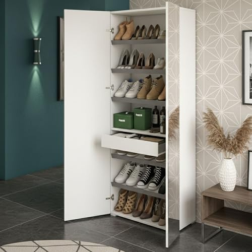 Dmora - Étagère à chaussures Tarassaco, Meuble d'entrée polyvalent avec porte miroir, Meuble à chaussures moderne avec 6 étagères, 100% Made in Italy, 72x37h195 cm, Blanc