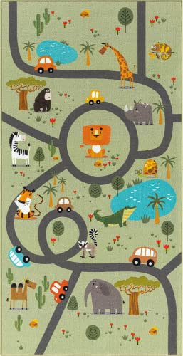 the carpet Happy Life Kinderzimmer, Kinderteppich, Spielteppich, Waschbar, Straßenteppich, Straße, Dschungel, Tiere, Auto, Grün, 100 x 200 cm
