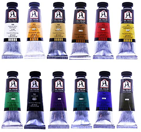 12 couleurs à l'huile, tube XL de peinture à l'huile fine de qualité supérieure, couleurs de base, haute teneur en pigments, intensité de couleur opacité (12 couleurs x 37 ml)