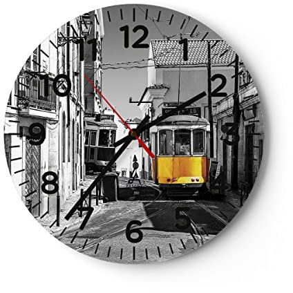 Modern Wanduhr Straßenbahn Portugal Lissabon 30x30cm Rund Klein Wand Uhr Glas Analog Zimmeruhren Küche Büro Wohnzimmer Glasuhr Wall Clock Dekoration Design Wanddekoration Küchenuhr C4AR30x30-4977