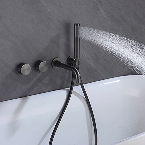 FNNEMG Badewannenarmatur, Messing-Badewannenarmatur mit Handbrause, Badewannenmischer Wandmontage, Badezimmer-Duscharmatur, Zweigriff-Badewannenarmatur Gunmetal