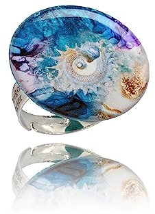 Boho Grosse Ronde Bagues Fantaisie Réglable Mandala Design Bijoux pour Femme (Style 12 - Bleu Violet Coquille)