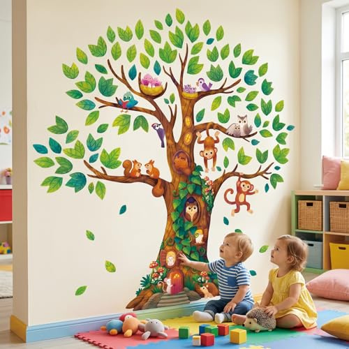 DECOWALL Giant Woodland Tree Wall Stickers, Forest Animal Tree Wall Decals for Nursery Bedroom Living Room Decor (DL4-2303)