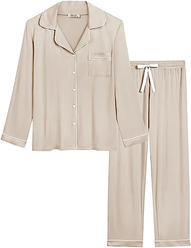 Amorbella Womens Soft Bamboo Viscose Pajamas Set Long Sleeve Summer Pjs Pants Set(Cream,M)