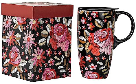 DUSVALLY Coffee Ceramic Mugs Travel Coffee Mug Porcelain Latte Tea Cup with Lid and Gift Box 17oz.Tall Coffee Mug, Rose