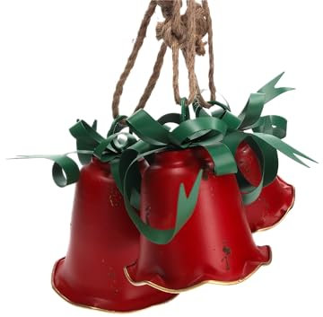 Keyhomestore- Tris campane Natalizie color bianco in Ferro con Fiocco rosso, e Corda da Appendere, Decorazione natalizia. Misure più grande: altezza 21cm, diametro 18cm. (Rosso fiocco Verde)
