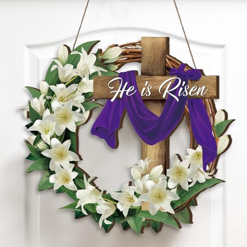 Queekay Osterkranz für Haustür, religiöse Osterdekoration, Ei, Kaninchen, Kreuz, Türschild, Hängeschild, christliches Blumendekor für Partyzubehör (Er ist gestiegener Kranz)