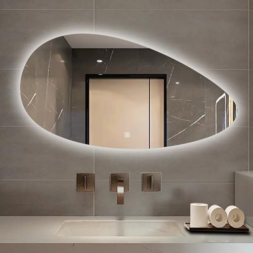 JSWHYBD Badspiegel Mit Beleuchtung, Asymmetrischer Led Badspiegel Intelligenter Led Badezimmerspiegel Explosionsgeschützter Spiegel Mit Dreifarbigem Licht, 50 * 80cm