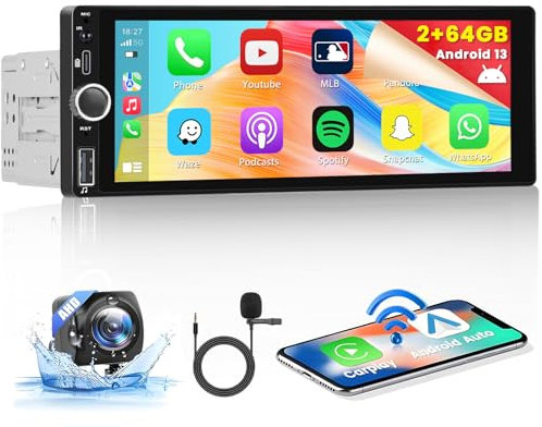 Hikity 2GB+64GB 1 Din Android 15 Autoradio mit Navi Wireless Carplay Android Auto, 6,9 Zoll Bildschirm Radio Bluetooth Mirror Link WiFi FM/RDS/EQ/USB Lenkradsteuerung Rückfahrkamera