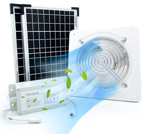 SOULVOLVE Solarbetriebener Abluftventilator für Gewächshaus, Schuppen, Haustierhaus, Hühnerstall, 15,2 cm Metallventilator mit Batterie-Backup und Rückflussrückschlagventil, solarbetriebener