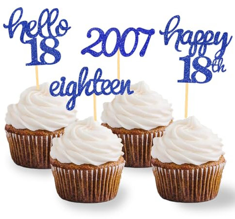 24 Pcs Glitter 18th Birthday Cupcake Toppers for Celebrating 18th Birthday Party Decorations for Eighteen Years Old Birthday Party Supplies (Blue)