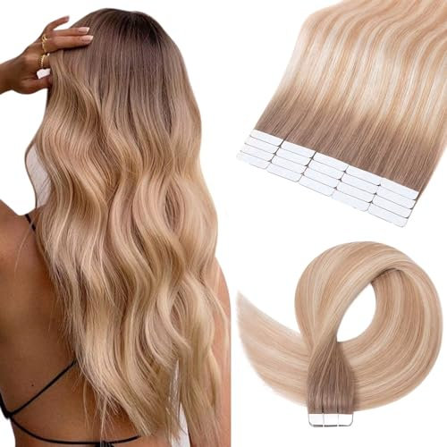 TESS Tape Extensions Echthaar 20 Stück, 55 cm #6T27P60 Balayage Braun bis Dunkelblond und Weiß Blond, 50G/Pack Skin Weft Echthaar Extensions Tape 2.5g/stk Glatt Remy Haarverlängerung
