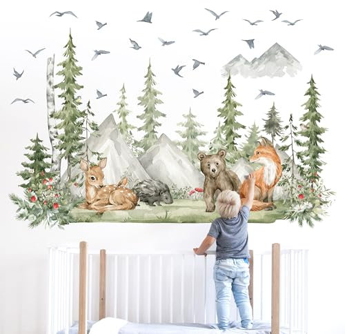 duoyif Wandtattoo Kinderzimmer XXL, Wandtattoo Baum Tiere Berg, Wandaufkleber Safari Tiere, Aquarell Große Wandsticker Für Babyzimmer Kinderzimmer Spielzimmer Wanddeko (Groß, 150 x 96 cm)