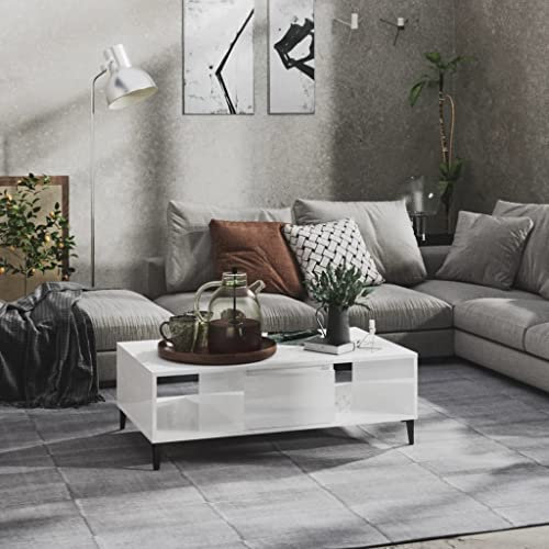 FIRBNUS 103,5x60x35 cm mit 2 Offenes Fach Beistelltisch mit Stauraum Couchtische Wohnzimmertisch Modern Design Coffee Table Tisch Wohnzimmer für Couch Haltbarkeit Hochglanz Weiß Holzwerkstoff