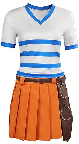 Taeyue Disfraz de Nami para mujer, disfraz de Nami, a rayas, falda con cinturón, ropa de película, versión real, Halloween, carnaval, fiesta