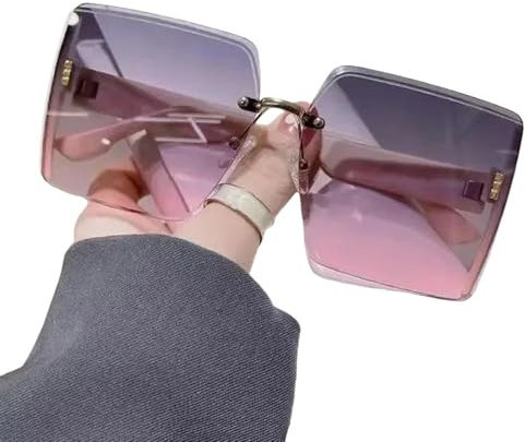 YDRABFLE Damen-Sonnenbrille Vintage Quadratische Sonnenbrille Frau Klassische Retro Gradient Spiegel Rahmenlose Sonnenbrille Weibliche Rimless-Lila Rosa