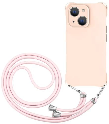 CAROKI Crossbody iPhone 15 Case, Lanyard Protective Liquid Silicone Case with Adjustable Length Detachable Lanyard Rope Shockproof Hands-Free Phone Cover for iPhone 15 6.1-Pink