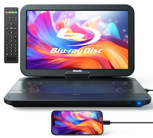 GOnavidio Lettore Blu Ray portatile da 15,6 con schermo da 13,3 1080p, batteria ricaricabile, supporto ingresso HDMI e uscita HDMI, schermo di sincronizzazione, uscita e ingresso AV, Dolby Audio