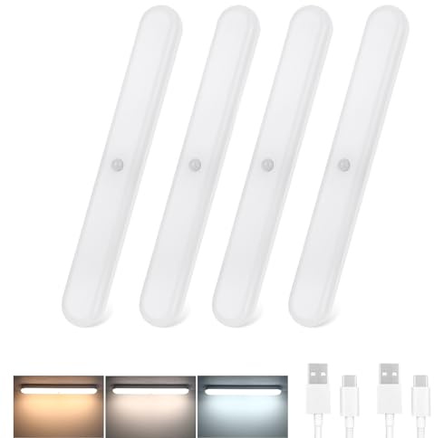 CBJKTX 4x Unterbauleuchte Küche LED Schrankbeleuchtung mit Bewegungssensor | Küchenlampe USB Aufladbar Akku Nachtlicht Kabellos Schranklicht 24CM Magnet Innen Unterschrank Beleuchtung