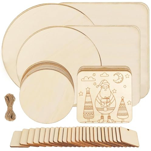 dabinzhijia 54 Stück Holzplatten zum Basteln, Unvollendete Holzplatte, Runde Quadratischen Holz Basteln für DIY, Pyrografie, Malerei