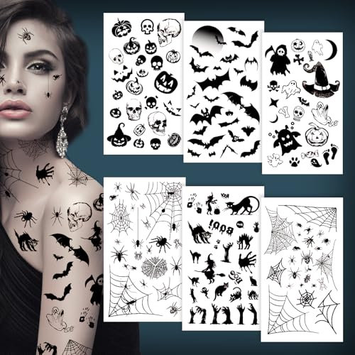 Halloween Tattoo Gesicht,Große Größe Tattoo Halloween 3D Realistisched Motive Spinnen Fledermaus Spinnennetz Tattoos Spinnennetz Wasserdicht Temporäre Tattoos Aufkleber für Halloween Kostüm Makeup